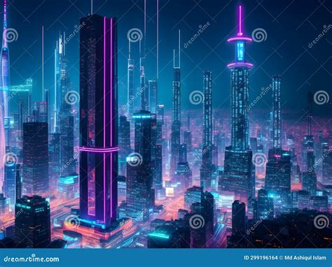 Skyscrapers in Futuristic City at Night, 3D Rendering Stock ...