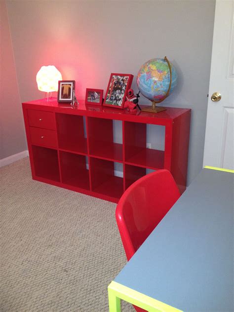 Michael's bedroom makeover. Sherwin William's Light French Gray paint and Red storage unit from ...