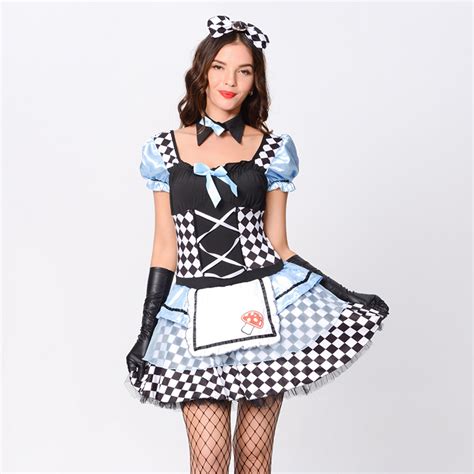 Adorable Alice Black and White Check Bowknot Mini Dress Wonderland Role Play Costume N19114