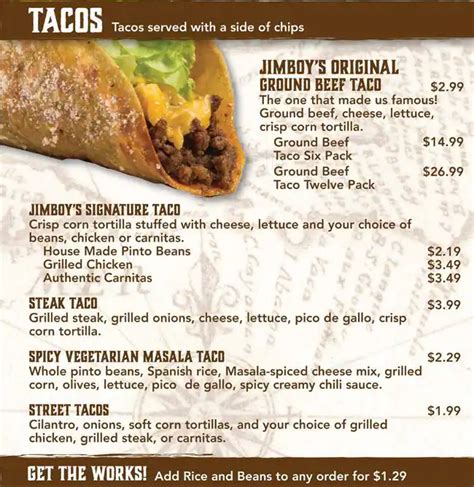 Menu at Jimboy's Tacos fast food, Plano