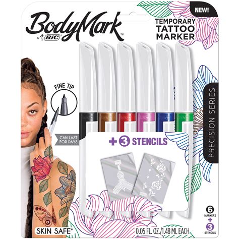 BIC BodyMark Temporary Tattoo Art Markers with Fine Tip, Assorted Colors, Pack of 6 Markers + 3 ...