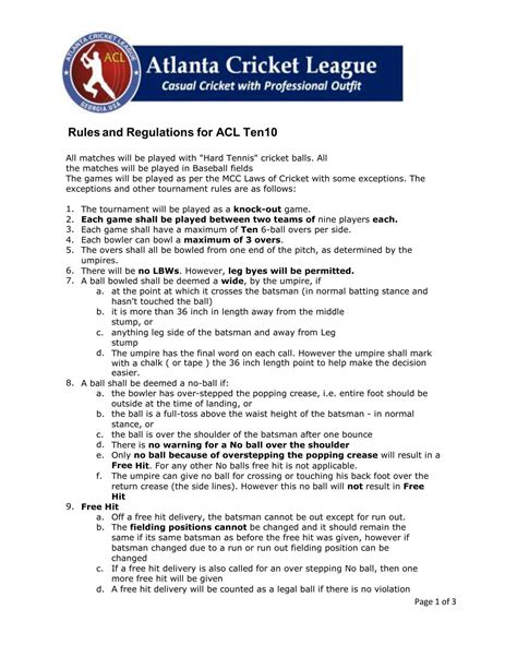 Rules and Regulations for ACL Ten10 - Atlanta Cricket League | Cricket, League, Play baseball