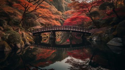 Japanese Garden With Red Bridge In Spring Photo Background And Picture ...