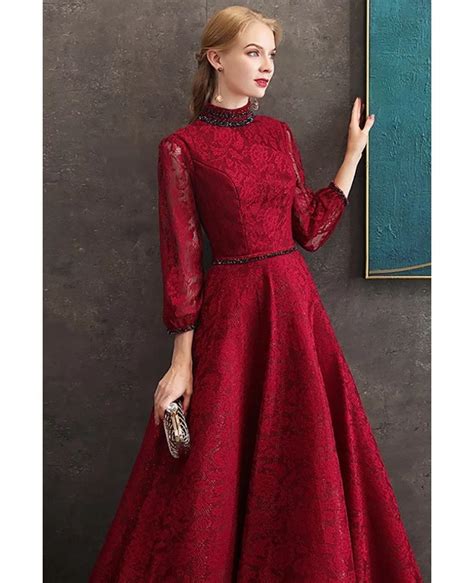 Retro Vintage Burgundy Full Lace Long Formal Dress With 3/4 Sleeves # ...