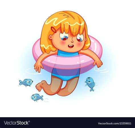 Happy girl swimming with lifebuoy in the sea. Funny cartoon colorful character. Vector ...