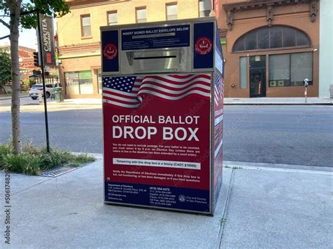 Official vote by mail ballot drop box located outdoors. Close up - San Francisco, California ...