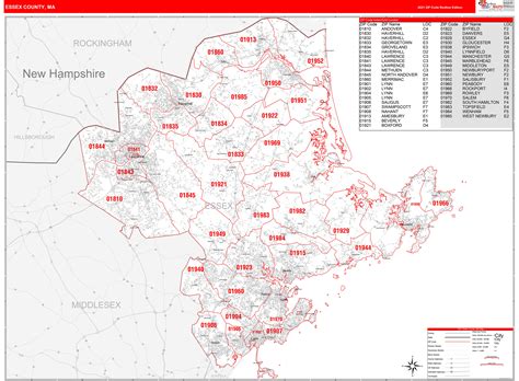 Essex County, MA Zip Code Wall Map Red Line Style by MarketMAPS