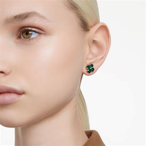 Idyllia stud earrings, Clover, Green, Gold-tone plated | Swarovski