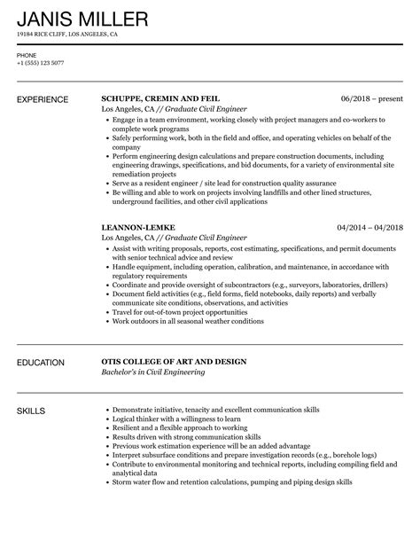 Graduate Civil Engineer Resume Samples | Velvet Jobs