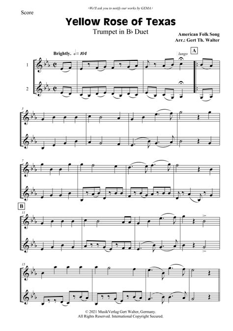 Yellow Rose of Texas (arr. Gert Th. Walter) by American Folk Song Sheet Music for Trumpet Duet ...