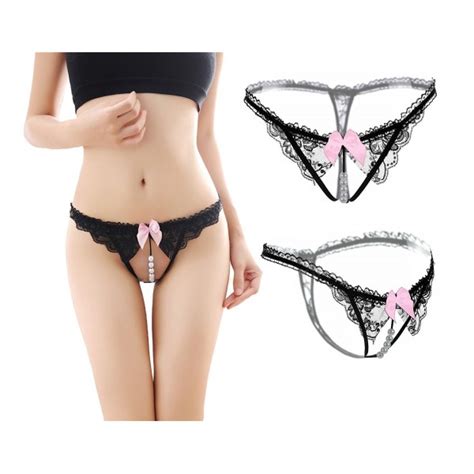 3991 Women's Sexy Lace G-String Open Crotch Mesh Pearl Thong Panty ...