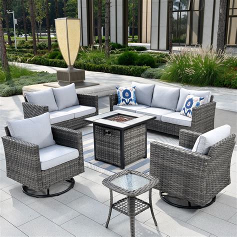 Ovios 6-Piece Patio Furniture Outdoor Wicker Set with Fire Pit & Swivel ...