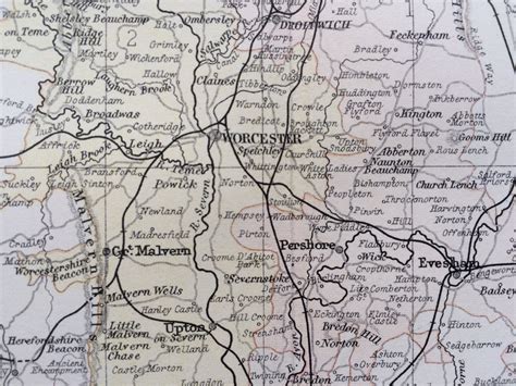 1882 WORCESTER original antique map, english county, cartography ...