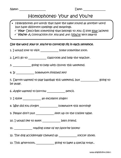 Homophones Worksheets | Choosing Your or You're Homophones Worksheets