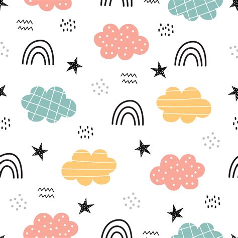 Cute seamless pattern for kids sky background with rainbow and clouds Cartoon hand drawn design ...