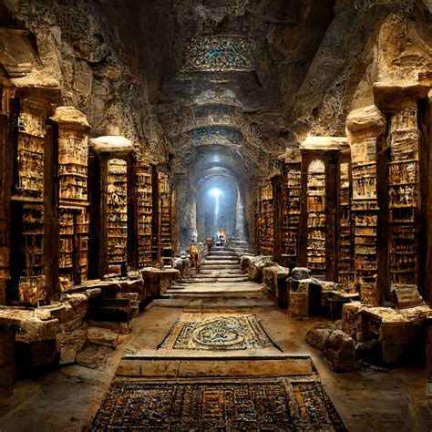 library of Alexandria underground scrolls books desks torches ancient 4K arabesque detailed dark ...