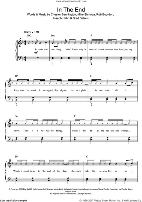 In The End sheet music for piano solo (beginners) (PDF)