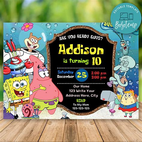 Templates Paper & Party Supplies SpongeBob SquarePants Invitation SpongeBob SquarePants Birthday ...