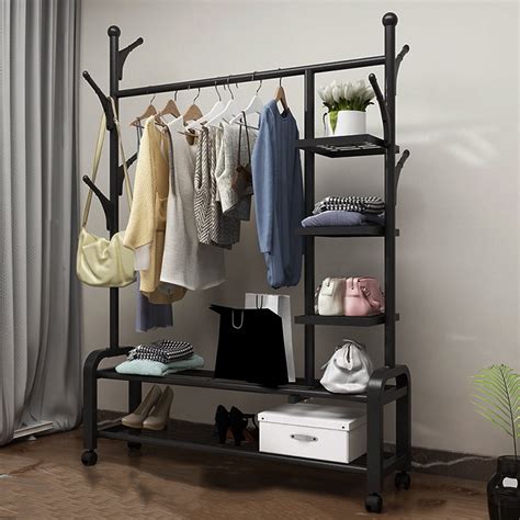 Clothing Garment Rack with Shelves, Metal Cloth Hanger Rack Stand Clothes Drying Rack for ...