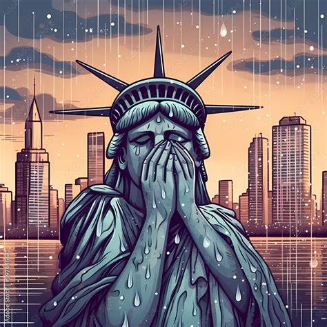 Tears of Liberty , cartoon illustration of Statue of liberty crying with her hands covering her ...