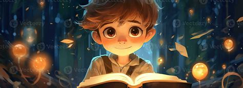 Little boy reading a magic book, fantasy concept. Cartoon illustration. Fairy tale with ...