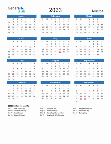 2023 Lesotho Calendar with Holidays