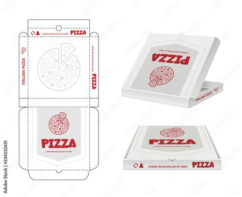 Pizza box design. Unwrap fastfood pizza package realistic template business identity vector ...