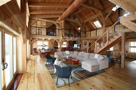 Warm Lamp Pole Barn Houses Interior With White Sofas On The Wooden Floor Can Add The Natural ...