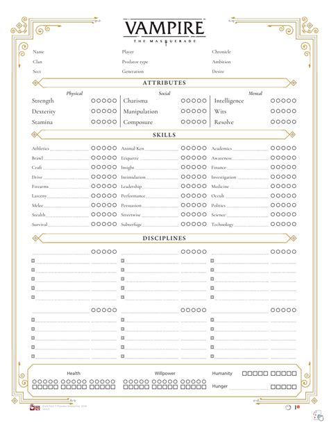 Auto Fillable Form Vampire Masquerade 5th Character Sheet - Printable ...