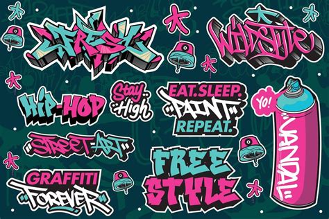 A set of colorful or vibrant graffiti art stickers. Street art theme ...