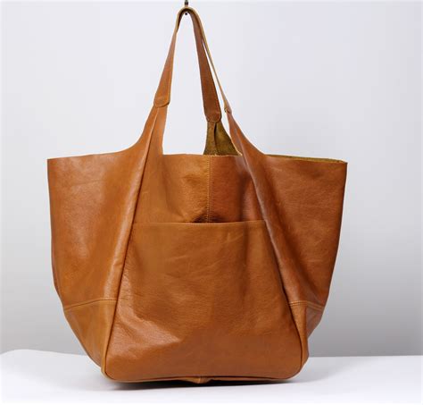 Extra Large Leather Tote With Pocket for Women,tan Leather Bag, Light ...