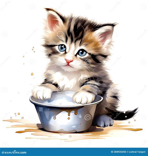 Kitten Drinking Milk from Bowl Stock Illustration - Illustration of bowl, drawing: 288926450