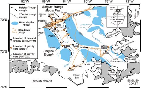 Map of the southern Bellingshausen Sea with ship track of cruise JR104 ...