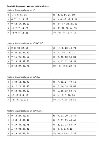 Quadratic Sequences | Teaching Resources