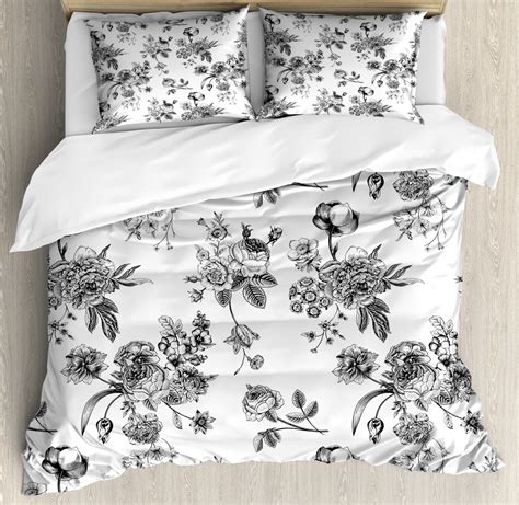 Black and White Duvet Cover Set, Vintage Floral Pattern Victorian Classic Royal Inspired New ...