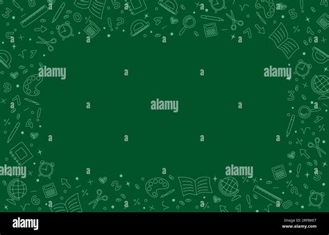Green background with frame of hand drawn school stationery icons. School background with copy ...