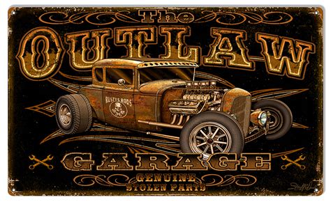 Outlaw Hot Rod Garage Art Metal Sign By Steve McDonald 18x30 - Reproduction Vintage Signs