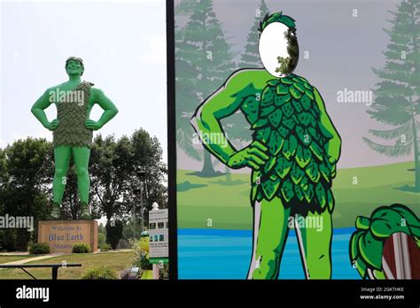 Jolly Green Giant statue with a photo stand-in board in foreground in Green Giant Statue Park ...