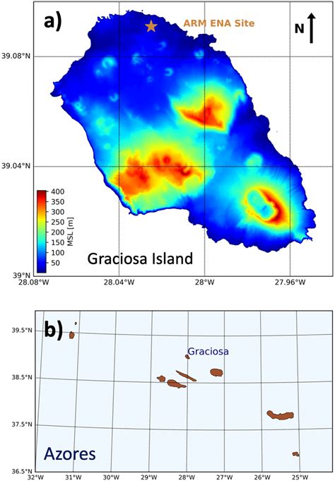 (a) Map of Graciosa Island showing terrain height (colors) and the... | Download Scientific Diagram