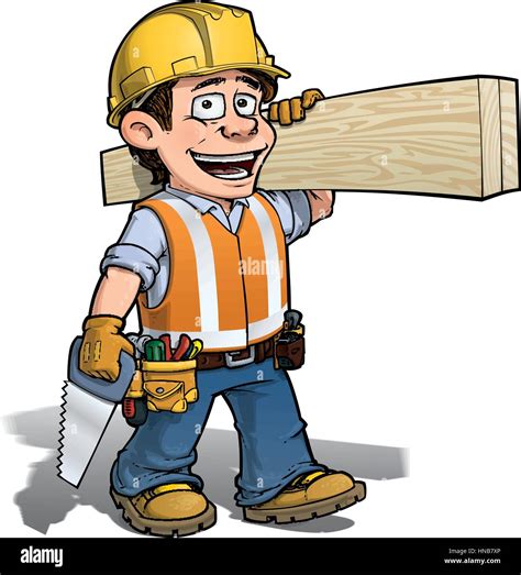 Cartoon illustration of a construction worker - carpenter carrying planks of wood Stock Vector ...