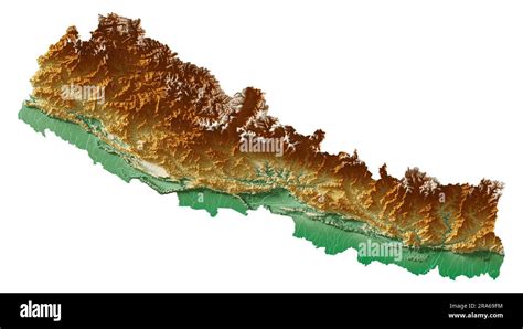 Nepal. Highly detailed 3D rendering of shaded relief map with rivers and lakes. Colored by ...