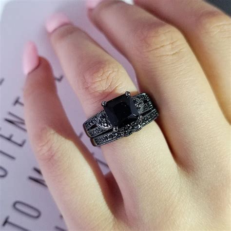 Black color titanium Wedding Rings set bridal Classic Engagement Band ...