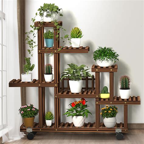 9/13 Potted Wooden Plant Stand, Indoor Outdoor Multiple Flower Pot Holder Shelf, 5/7 Tiers Plant ...