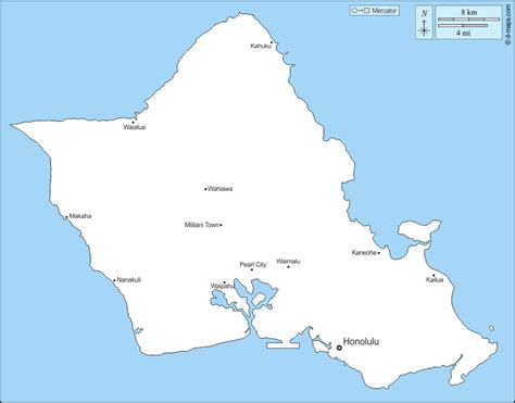 Honolulu County free map, free blank map, free outline map, free base map main cities, names