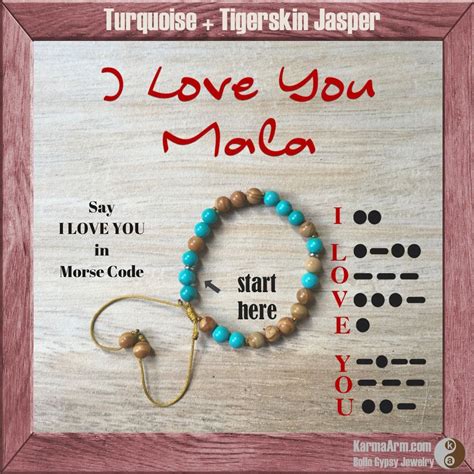 Morse Code Bracelet: I LOVE YOU - Turquoise + Tigerskin Jasper Mala Beads Bracelet, Morse Code ...