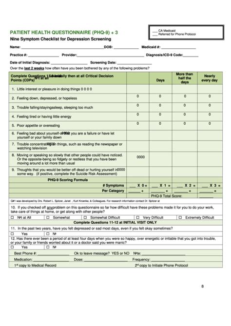 Patient Health Questionnaire (Phq-9) printable pdf download