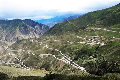 Landscape of zigzag mountain roads in ... | Stock image | Colourbox