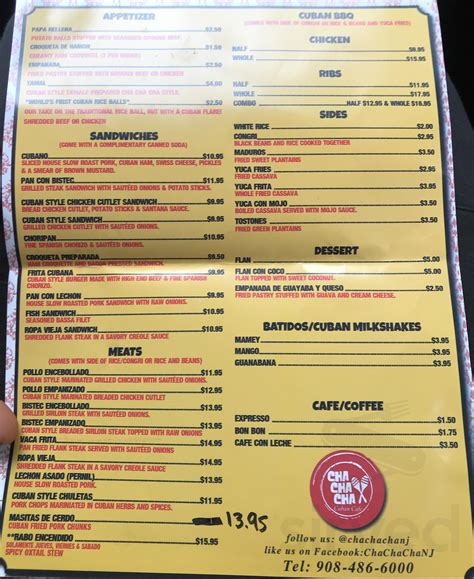 Menu for Cha Cha Cha Cuban Cafe in Kenilworth, NJ | Sirved