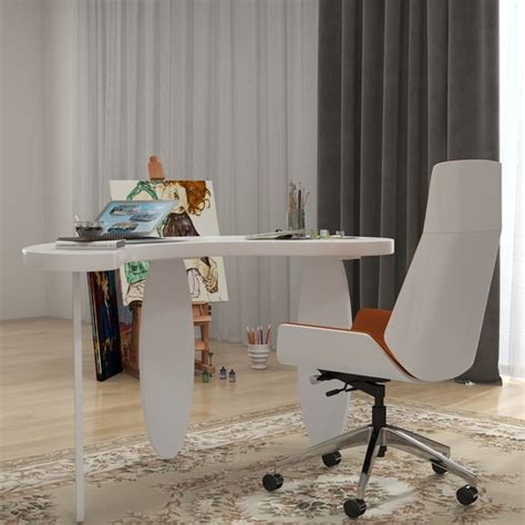 55.1" Modern White Curved Desk Wooden Home Office Desk with 3 Oval Legs ...