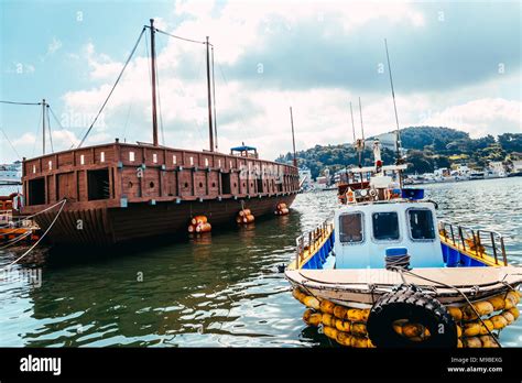 Tongyeong, Korea - August 4, 2015 : Tongyeong port sea and Yi Sun-sin turtle ship at summer day ...